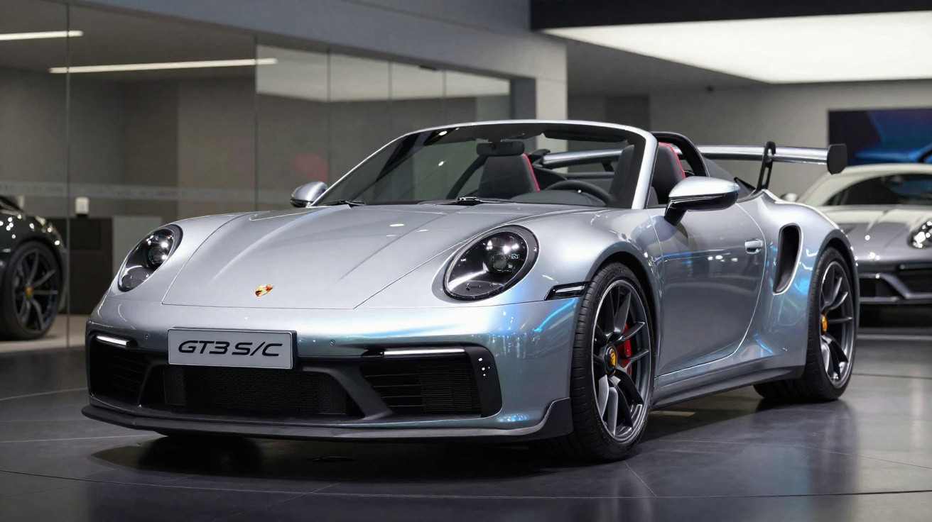 Carro esportivo Porsche GT3 S/C conversível prata em exposição interna com detalhes aerodinâmicos.