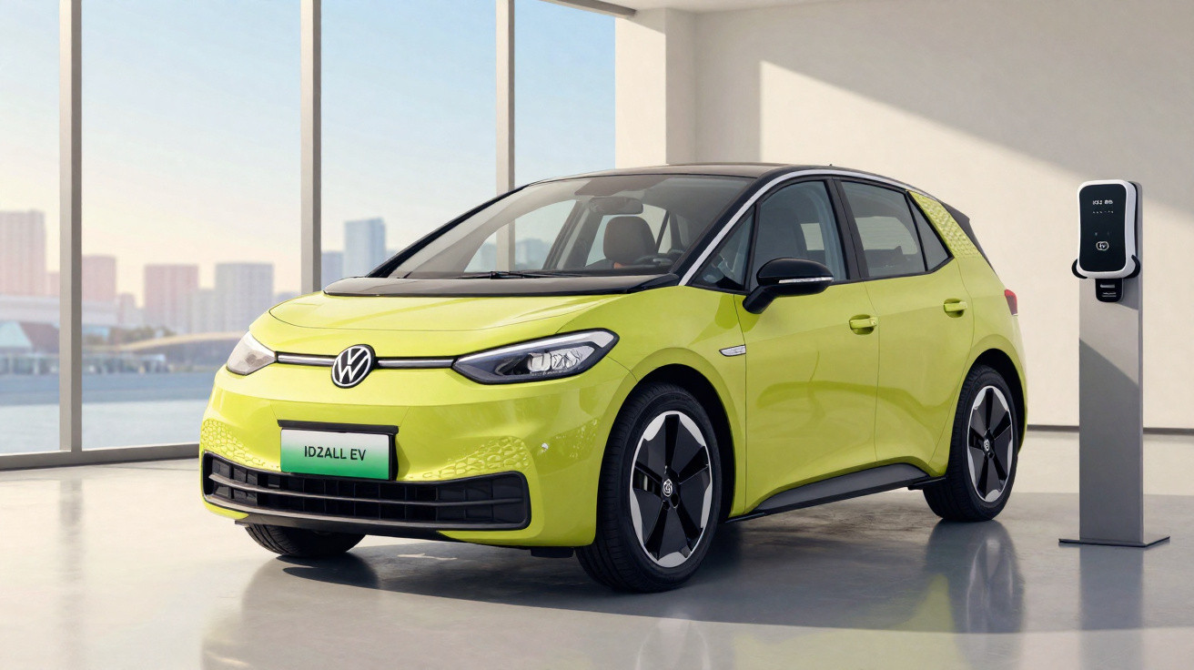 Carro elétrico Volkswagen ID.2 All EV verde estacionado ao lado de estação de recarga em ambiente moderno.