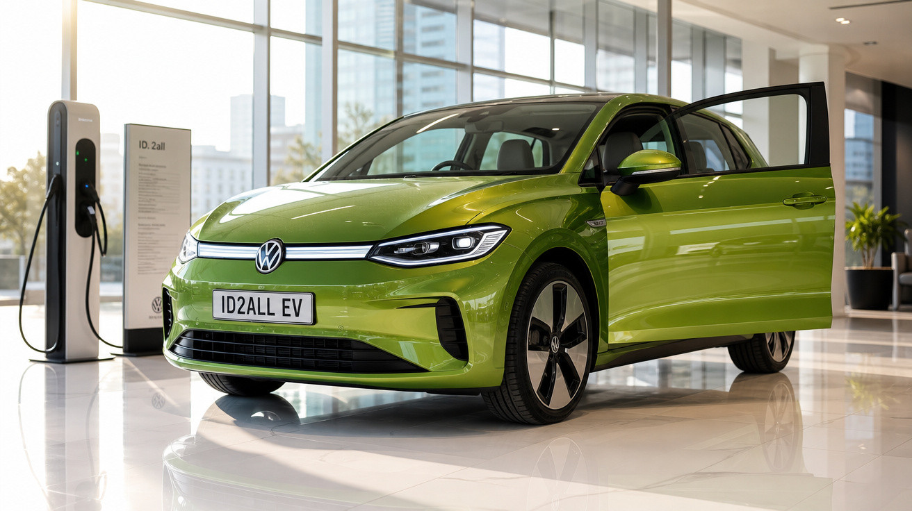 Carro elétrico Volkswagen ID.2 All EV verde brilhante com porta dianteira aberta em showroom moderno.