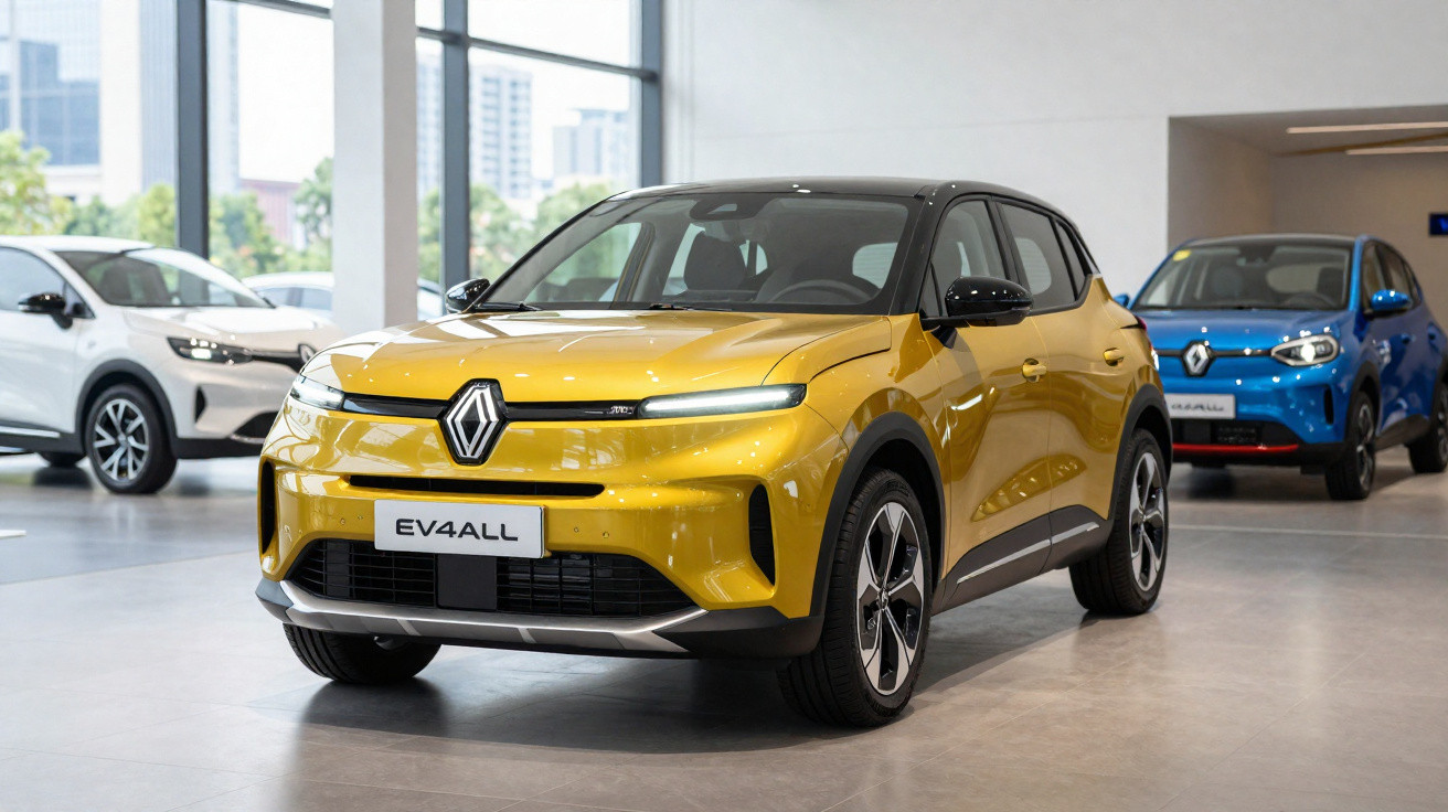 Carro elétrico Renault EV4ALL amarelo em exposição em showroom com outros veículos ao fundo.