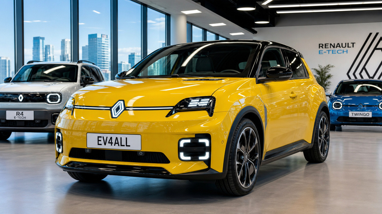 Carro elétrico compacto amarelo Renault EV4ALL em showroom moderno com outros modelos ao fundo.