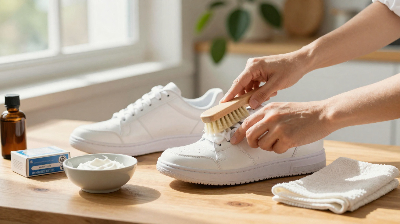 Mãos limpando tênis branco com escova, creme e produtos de limpeza sobre mesa de madeira.