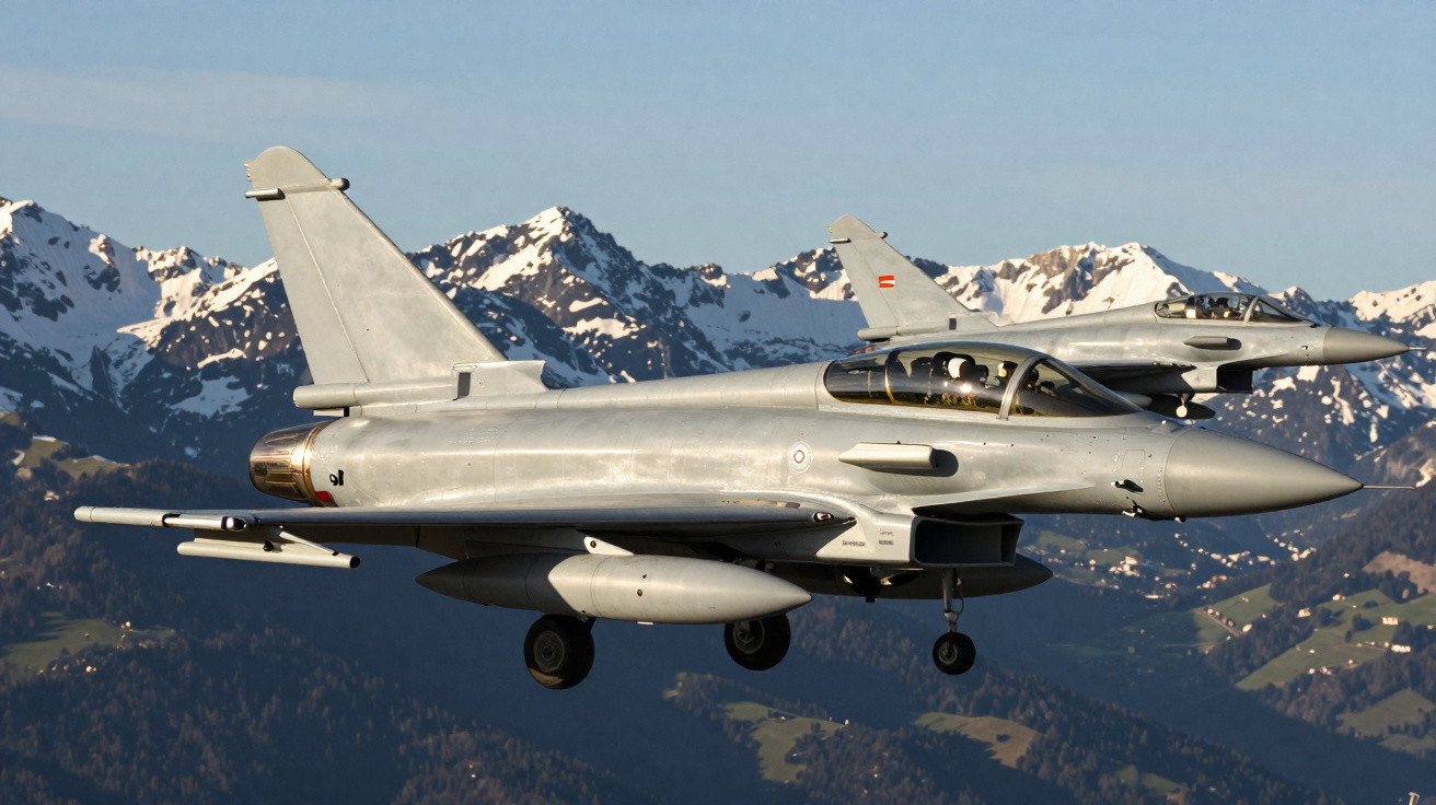 Dois caças militares cinzas voando próximos a montanhas com picos nevados ao fundo.