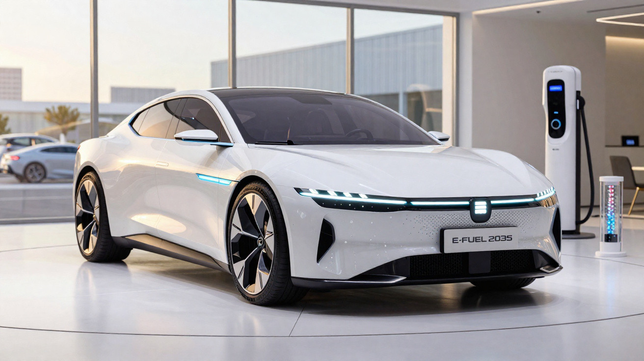 Carro elétrico branco futurista estacionado em showroom moderno com estação de recarga ao fundo.