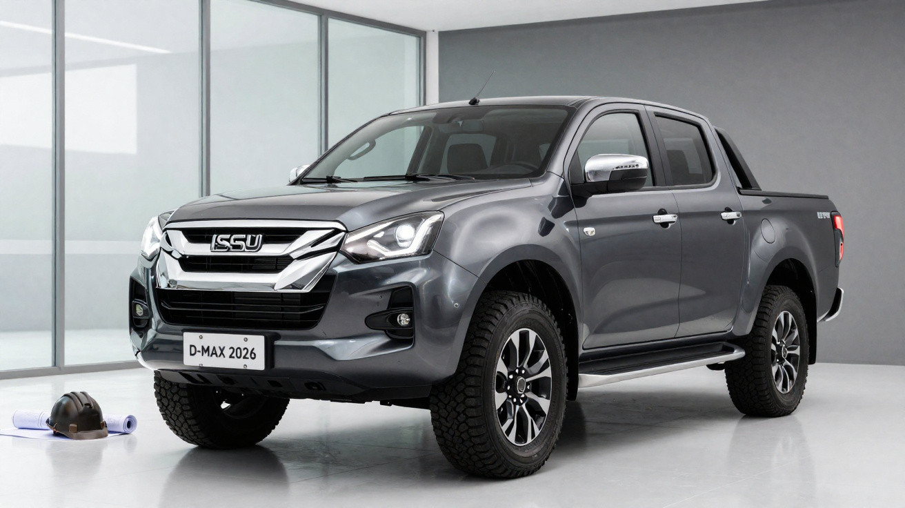 Picape cinza escuro ISUZU D-MAX 2026 em ambiente interno com capacete e plantas no chão.