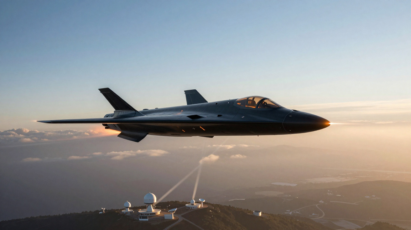 Aeronave militar preta voando acima de montanha com radares ao pôr do sol.