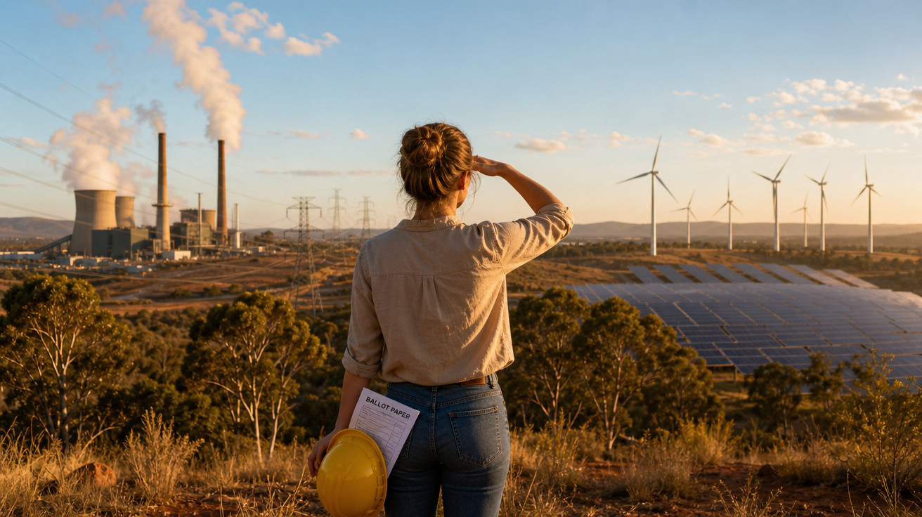 Mulher observa à distância usina termoelétrica, turbinas eólicas e painéis solares ao pôr do sol.