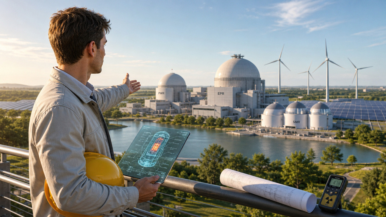 Engenheiro com capacete observa usina nuclear com turbinas eólicas e painéis solares ao fundo.