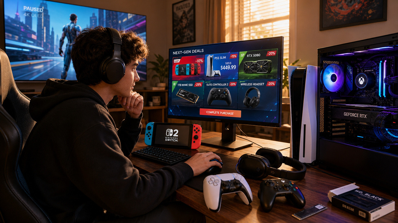 Jovem com fone de ouvido usa computador para comprar jogos e acessórios, com console Nintendo Switch e controles na mesa.