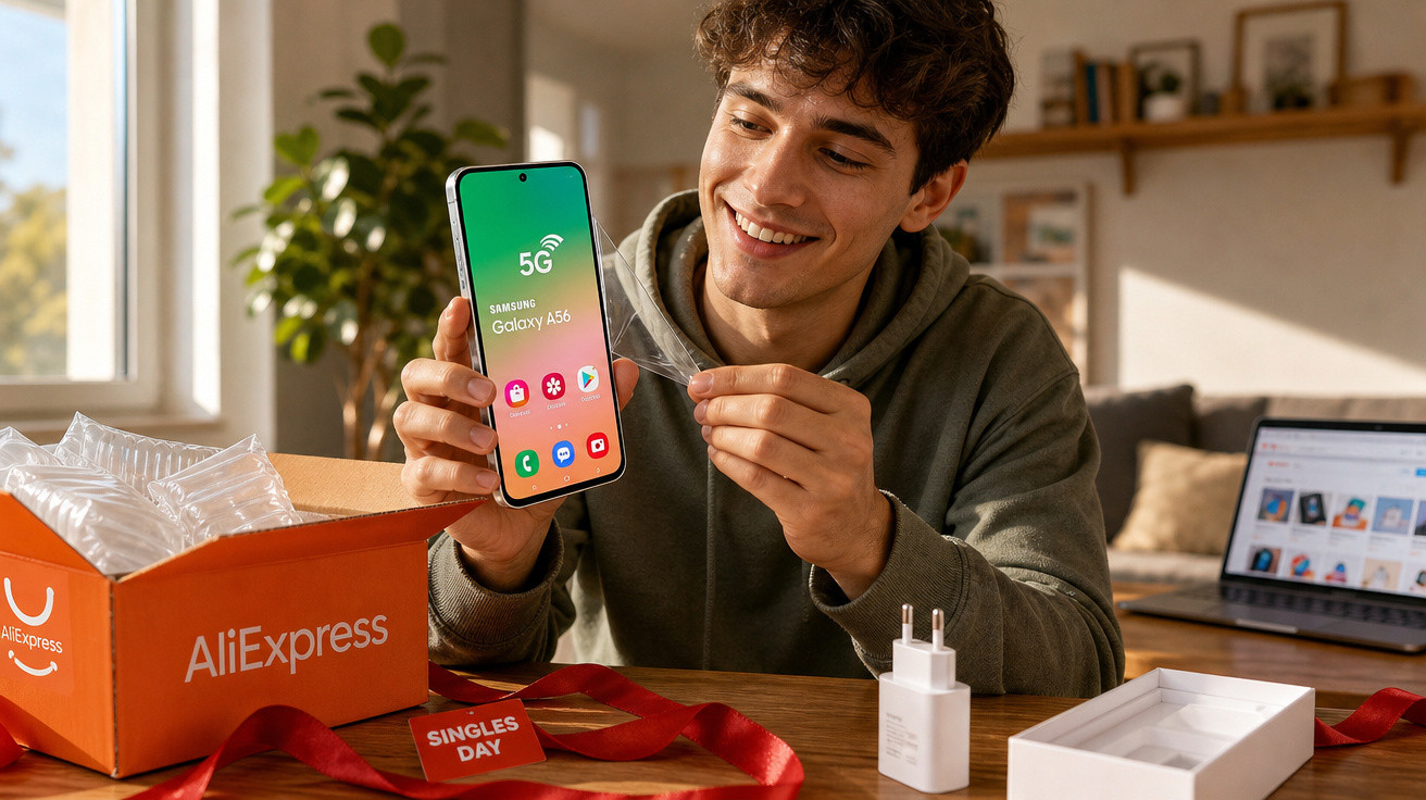 Jovem sorridente mostrando celular Samsung Galaxy A56 recebido em caixa da AliExpress em mesa com laptop.