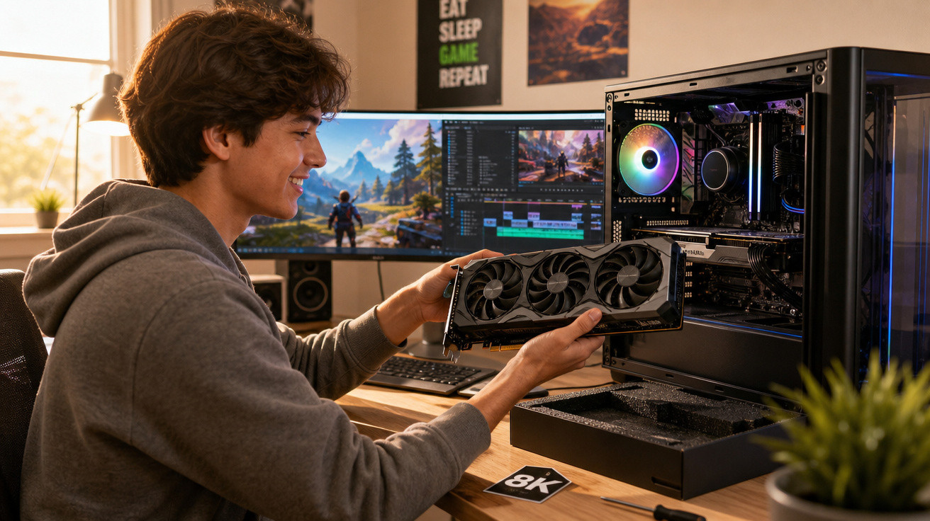 Jovem instala placa de vídeo em computador gamer no escritório com monitor ultrawide e decoração moderna.