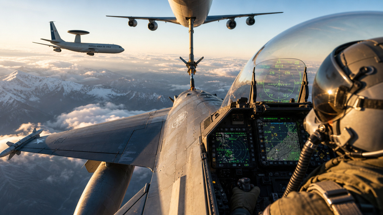 Visão do piloto em jato militar durante reabastecimento aéreo com montanhas e outro avião ao fundo.