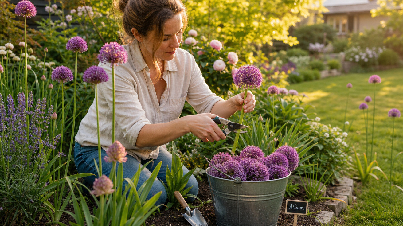 Mulher colhendo flores roxas Allium em um jardim ensolarado ao entardecer.