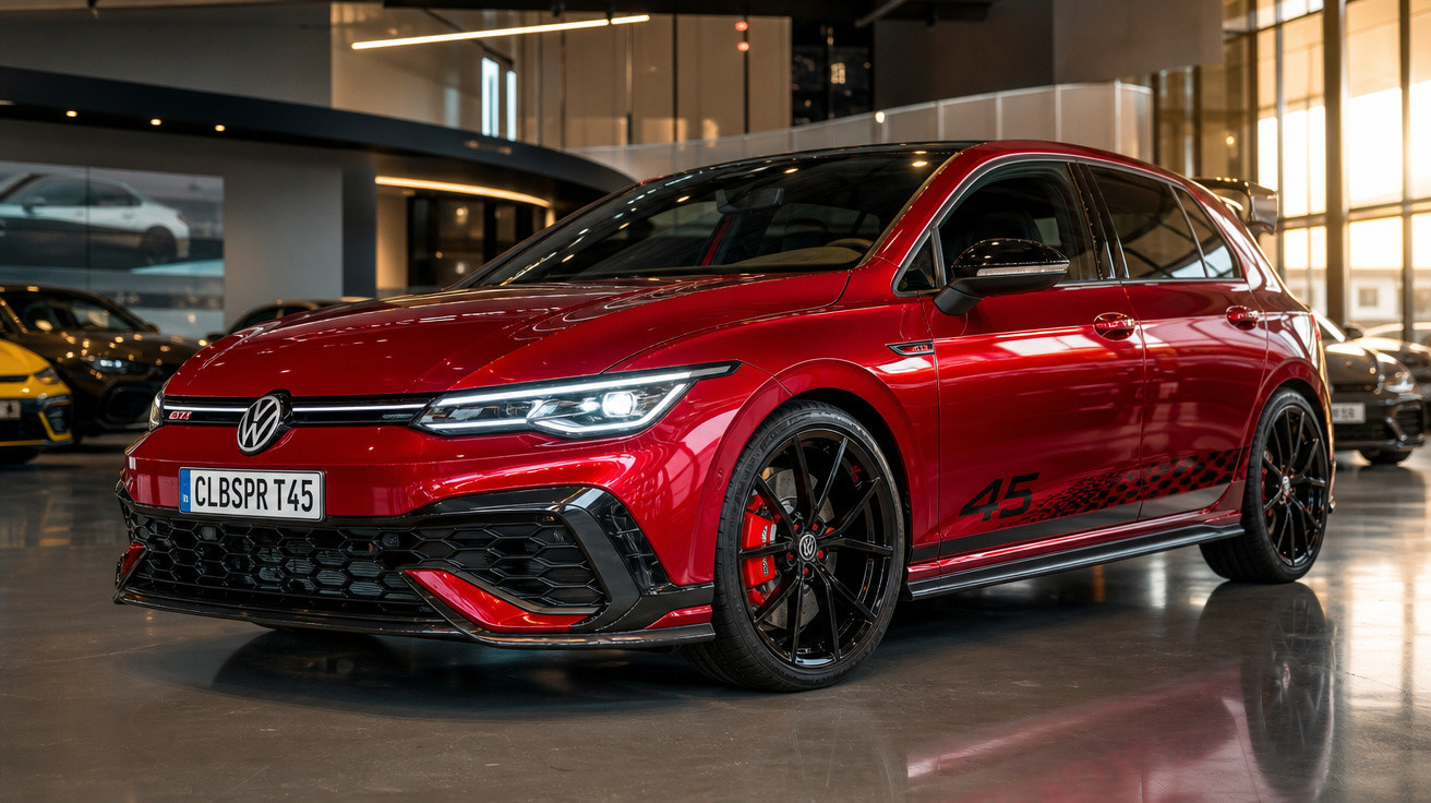 Carro esportivo vermelho Volkswagen GTI estacionado em showroom com rodas pretas e detalhes em preto.