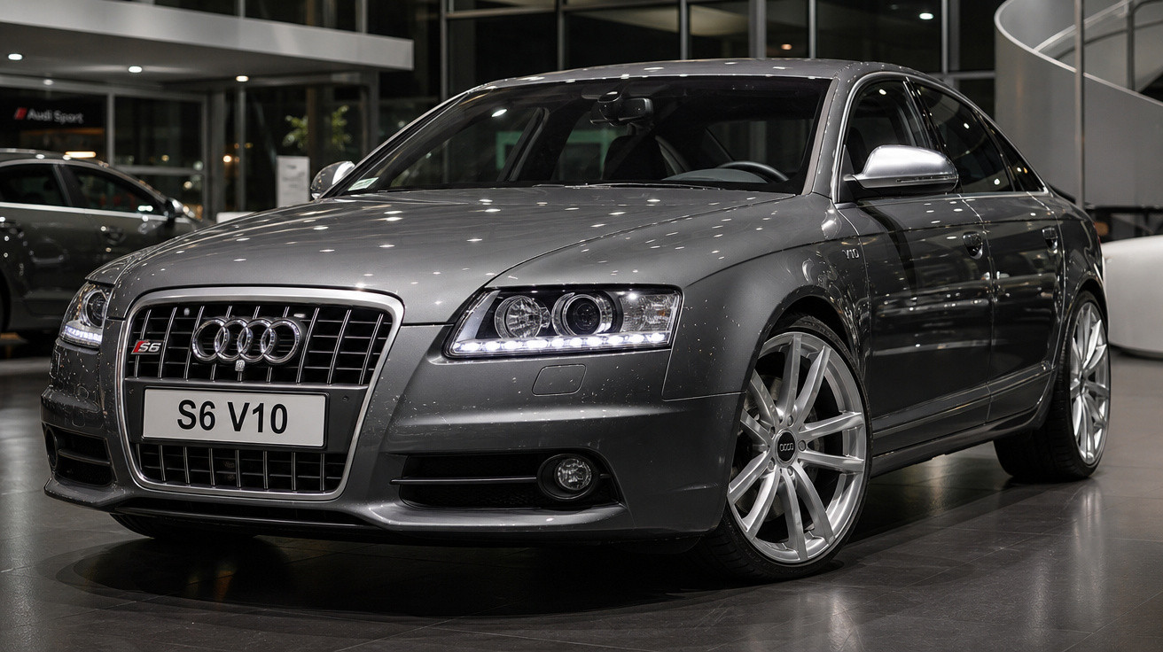 Carro Audi S6 V10 cinza estacionado em showroom com luzes acesas e piso refletindo.