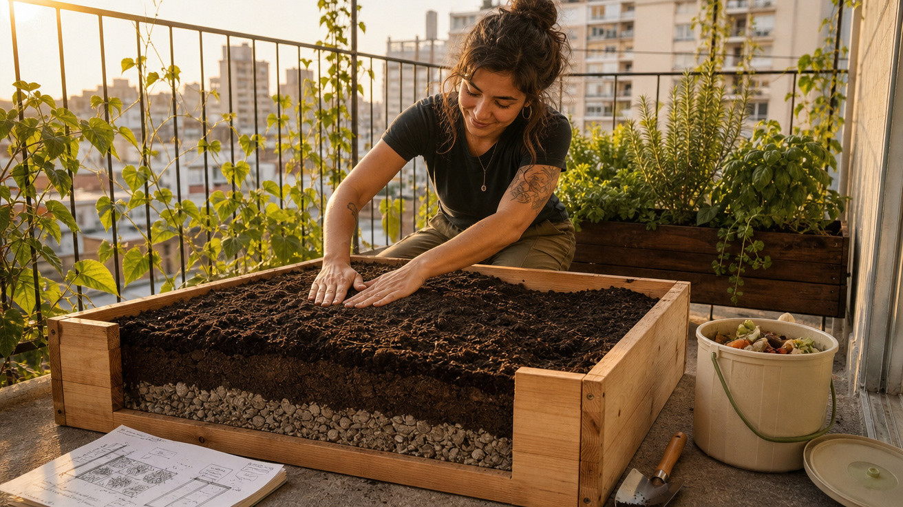 Jovem preparando a terra em canteiro elevado para horta em varanda de apartamento ao entardecer.