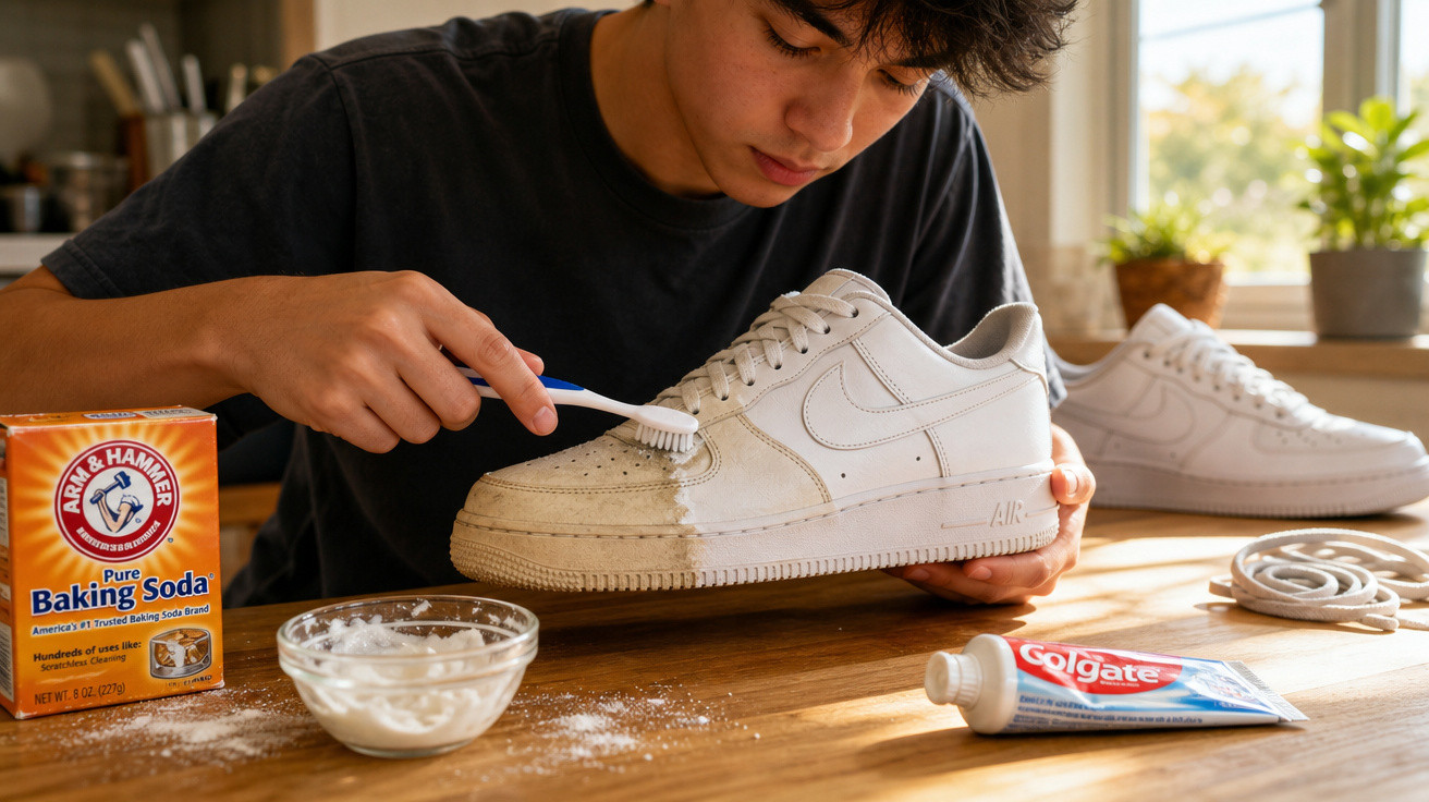 Jovem limpando tênis branco com escova de dentes, bicarbonato de sódio e pasta de dente sobre mesa de madeira.