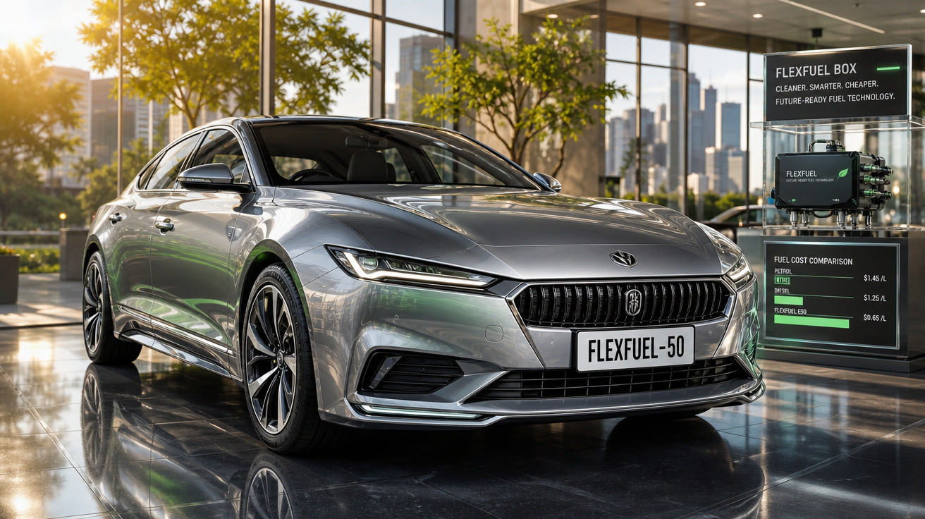 Carro sedan cinza prateado elétrico Flexfuel em showroom moderno com vista para cidade ao fundo.