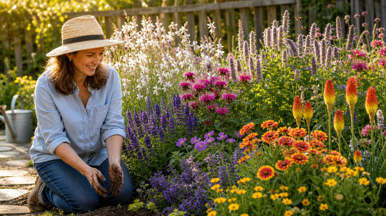Mulher sorridente de chapéu cuidando de jardim florido com flores coloridas ao entardecer.