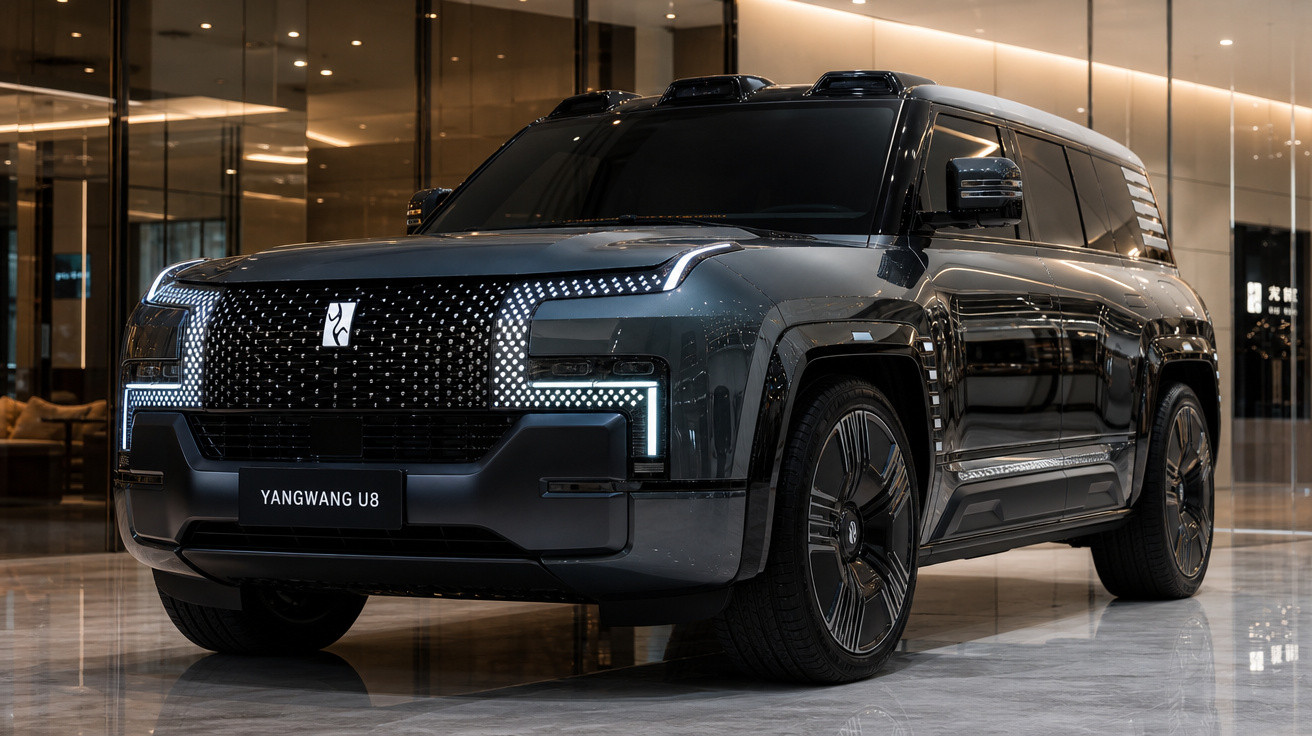 SUV elétrico Yangwang U8 preto exibido em ambiente interno moderno com iluminação suave.