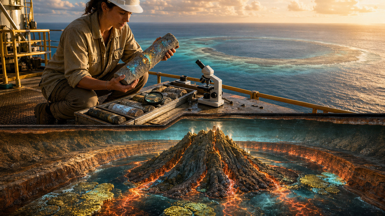Mulher cientista com capacete analisa amostra geológica em plataforma com oceano ao fundo ao pôr do sol.