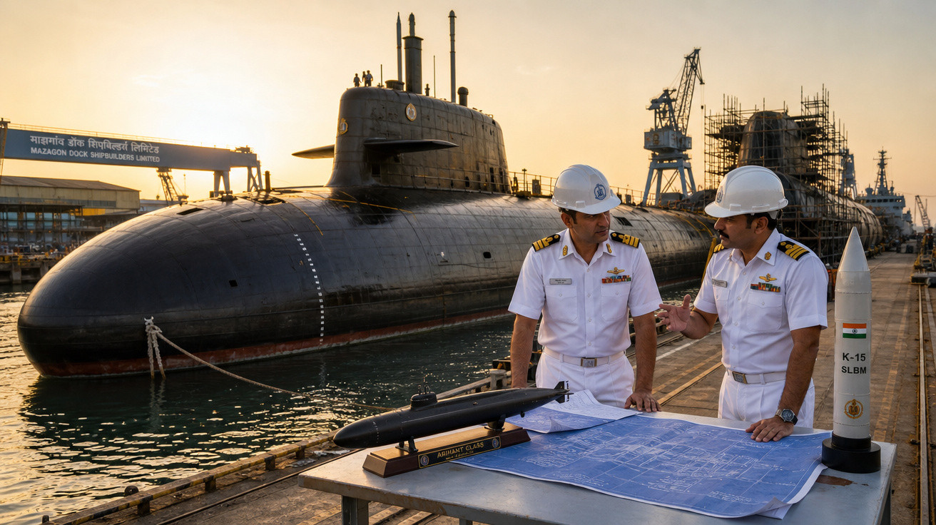 Dois oficiais da marinha discutem planos junto a um submarino no estaleiro durante o pôr do sol.