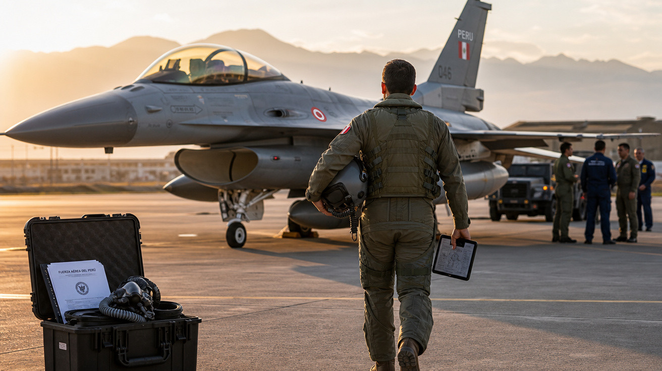 Piloto de caça peruano caminhando em direção a jato F-16 em pista ao pôr do sol.