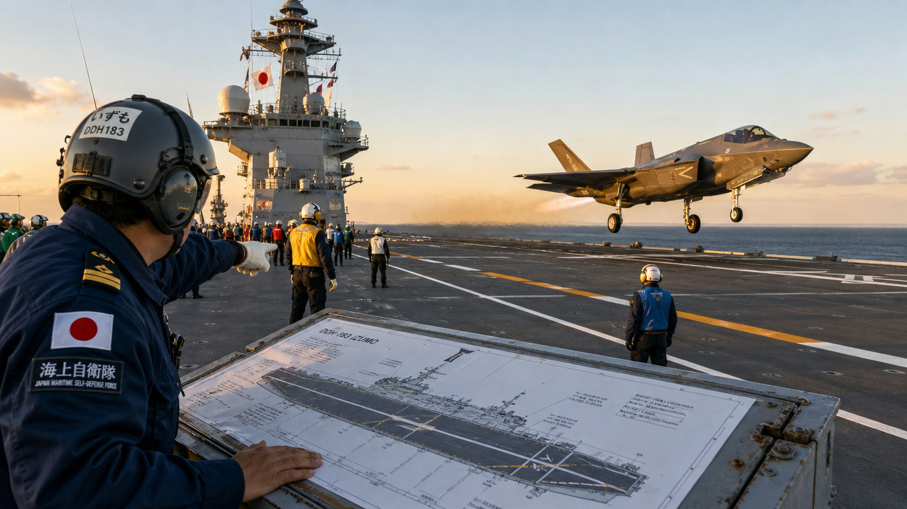 Fuzileiro naval japonês com mapa observa avião de caça F-35 pousando em porta-aviões ao pôr do sol.