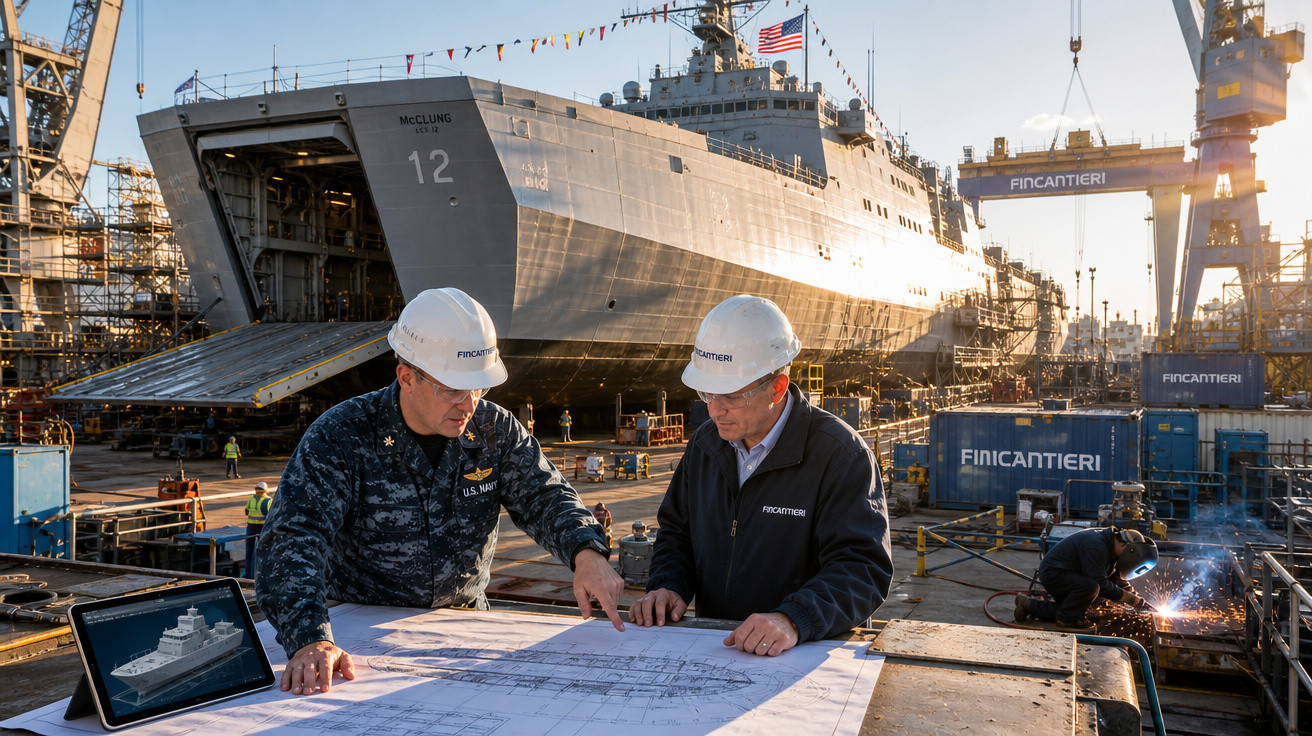 Dois homens com capacetes revisam plantas em estaleiro naval, com navio militar grande ao fundo.