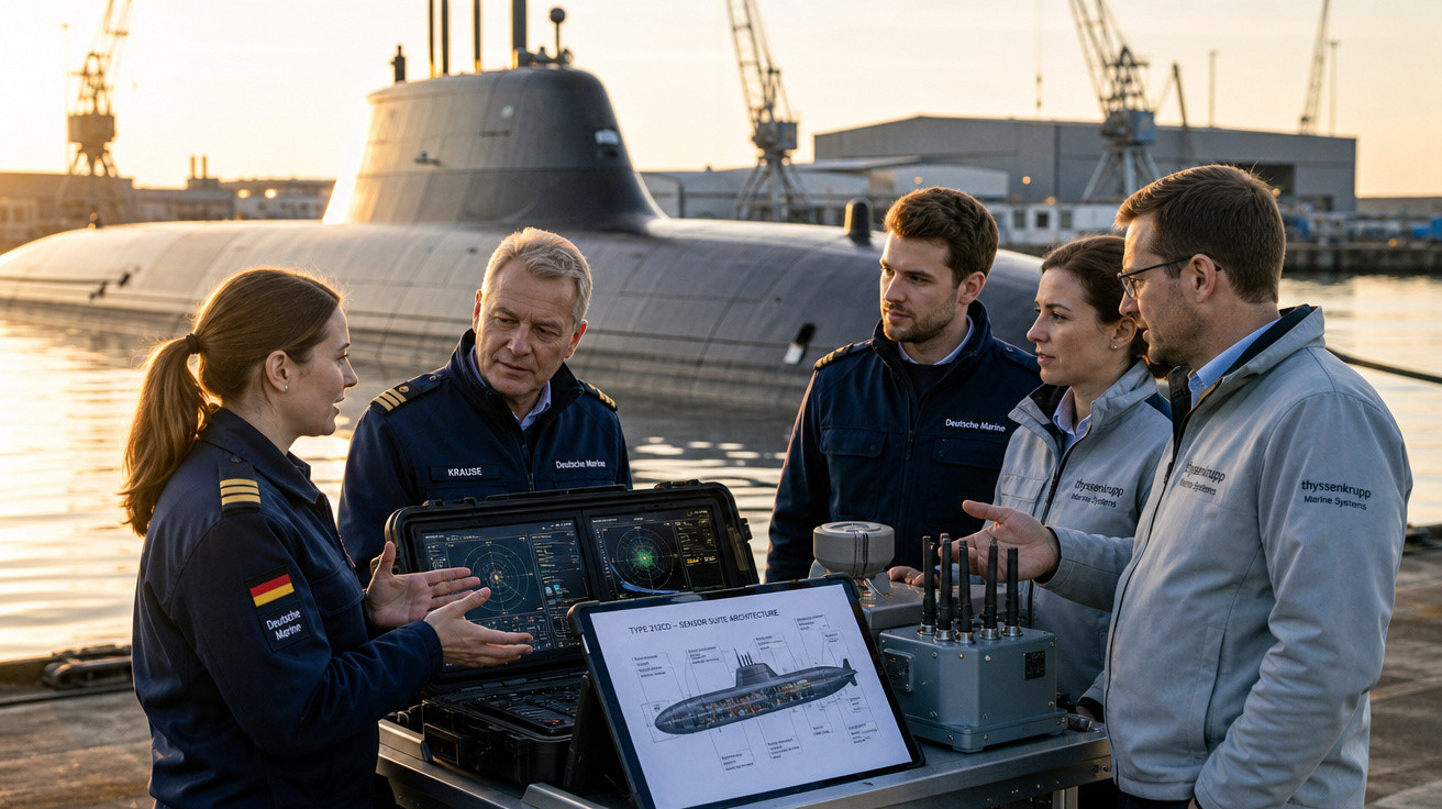 Equipe naval discute dados técnicos de submarino próximo a submarino atracado em porto.