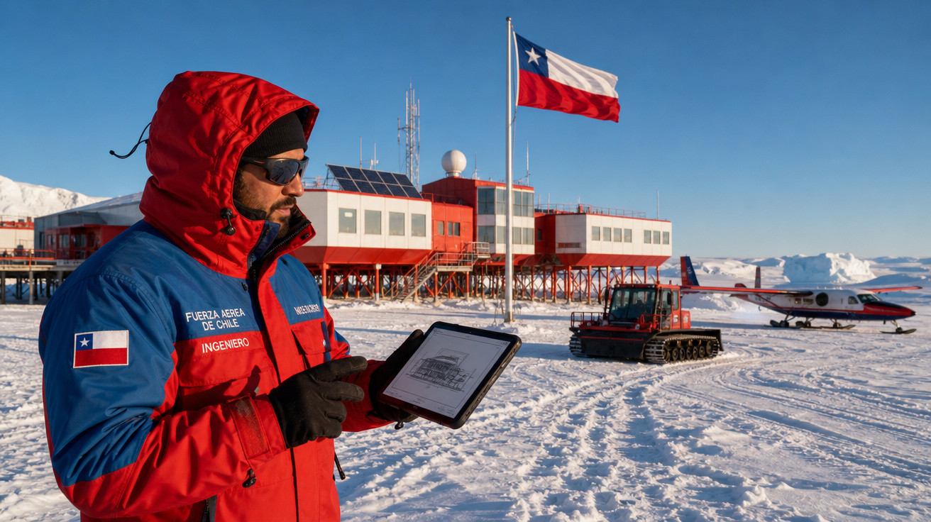 Engenheiro chileno com tablet em base antártica com bandeira do Chile, neve, aeronave e veículo de neve ao fundo.
