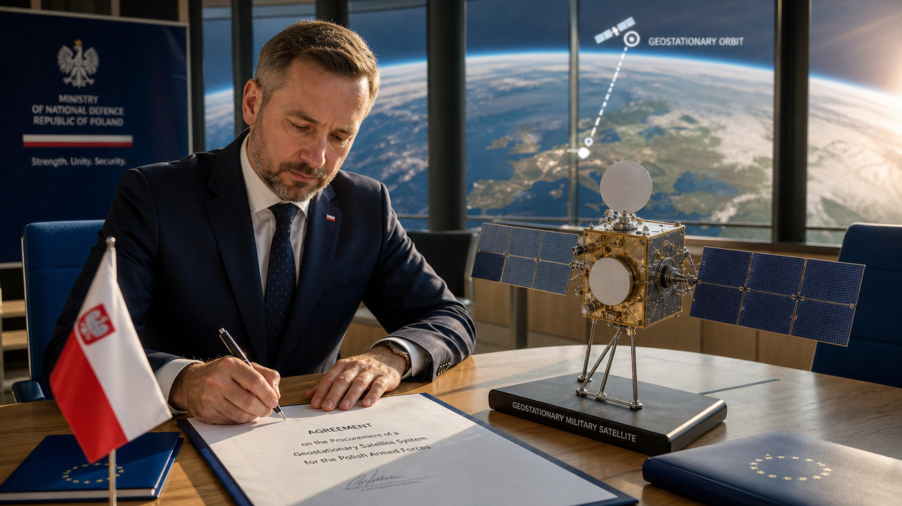 Homem assinando documento ao lado de miniatura de satélite militar geostacionário e bandeiras da Polônia e UE.
