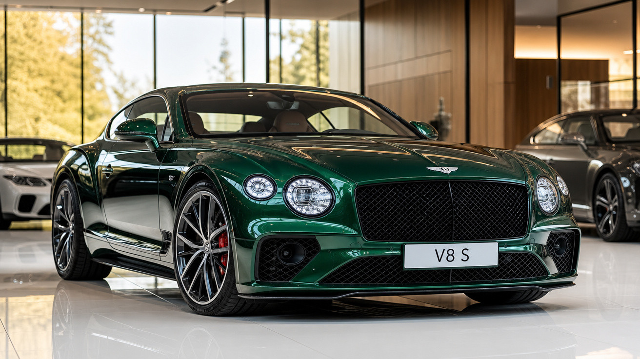 Carro esportivo verde Bentley Continental GT V8 S em showroom moderno e iluminado.