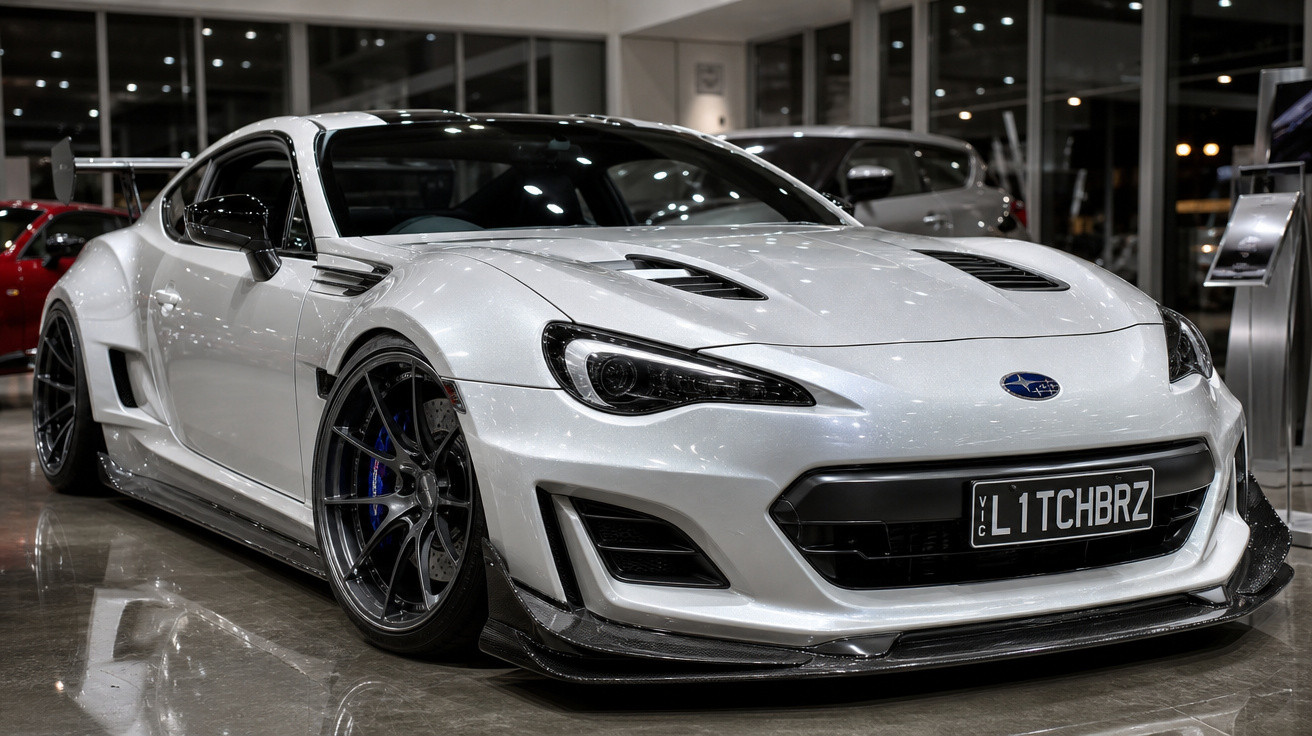 Carro esportivo branco Subaru BRZ com aerofólio e rodas pretas em showroom iluminado.