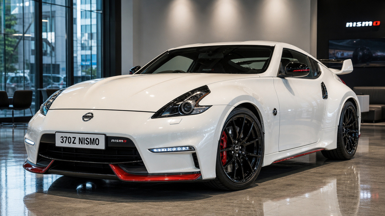 Carro esportivo Nissan 370Z Nismo branco exibido em showroom moderno com rodas pretas e detalhes vermelhos.
