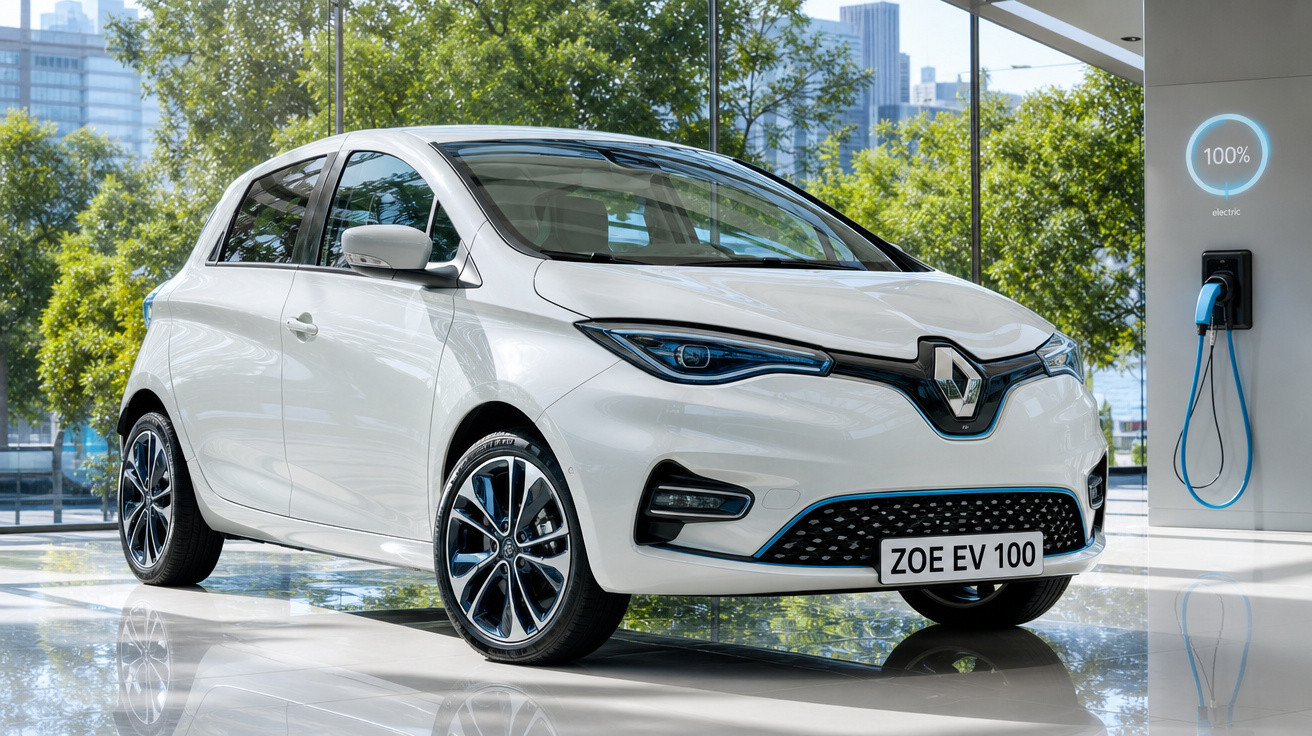 Carro elétrico branco Renault Zoe EV 100 estacionado em showroom com carregador na parede ao fundo.