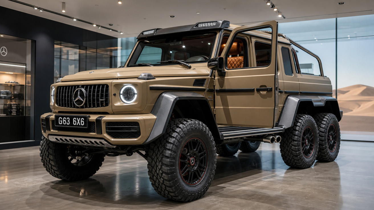 Mercedes-Benz G63 6x6 bege exposta em ambiente interno, com portas abertas e teto rígido.