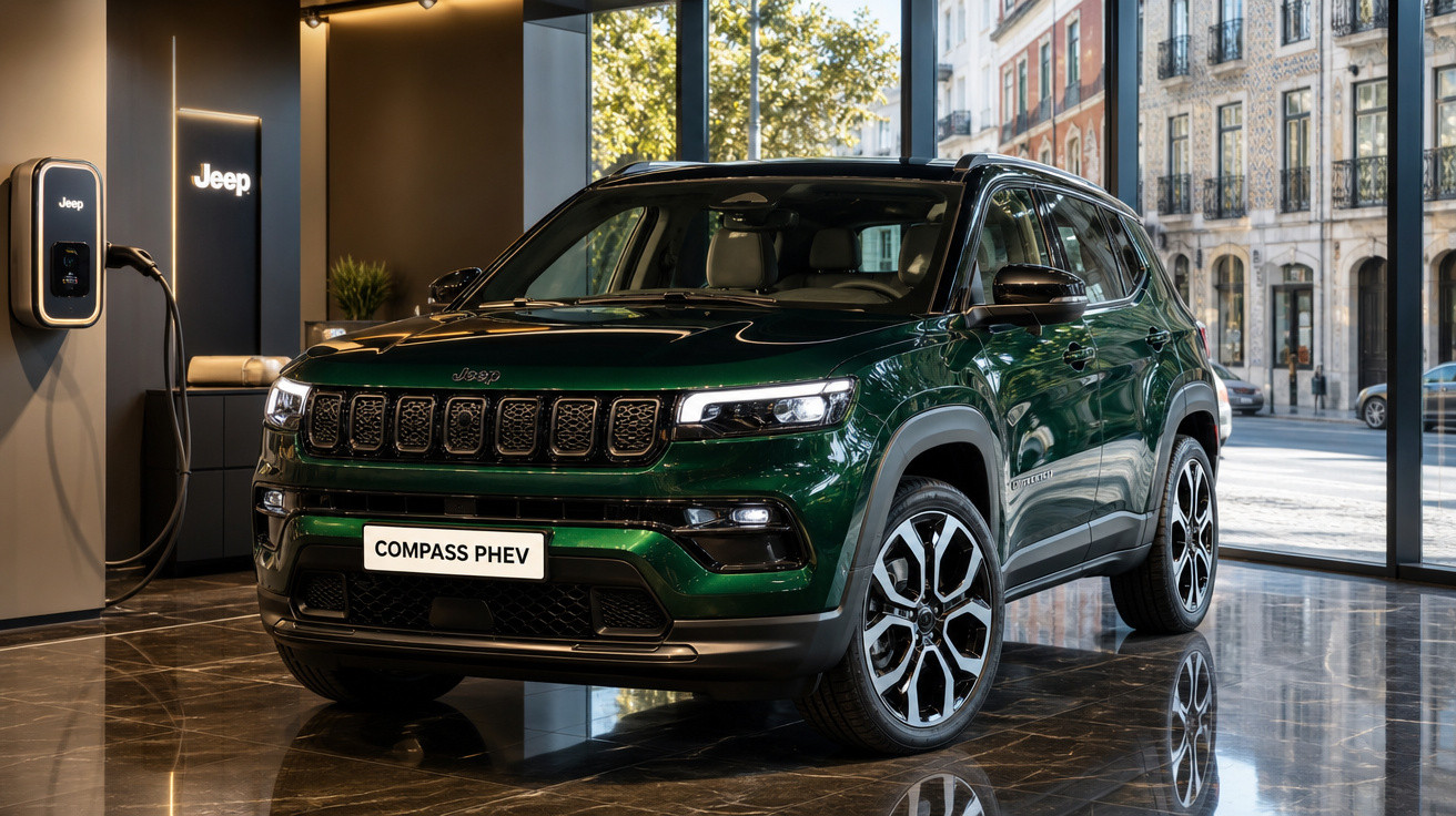 Jeep Compass PHEV verde escuro em showroom com parede de vidro e carregador elétrico.