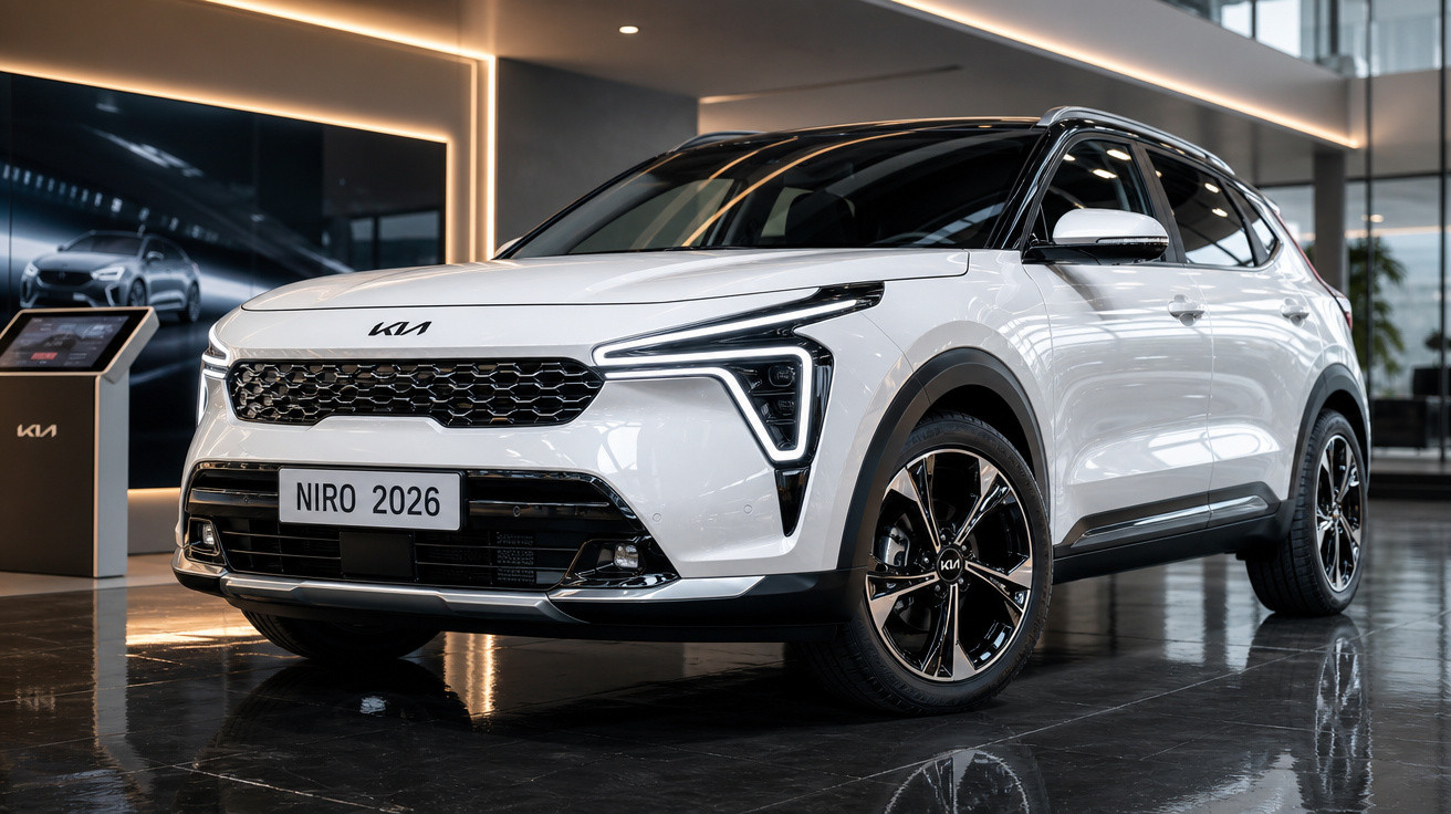 Carro branco Kia Niro 2026 em exposição com interior de showroom moderno e iluminação suave.