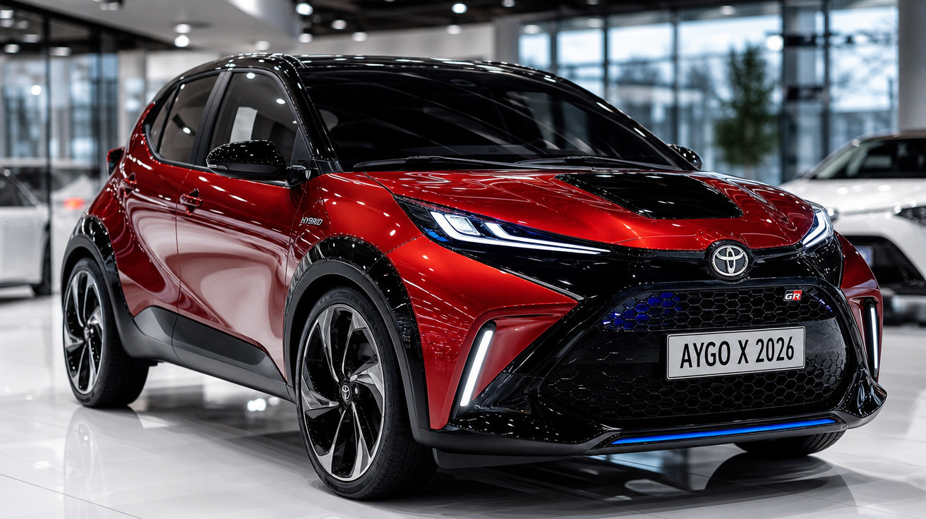 Carro compacto esportivo Toyota Aygo X vermelho e preto exibido em showroom com teto panorâmico e rodas pretas.