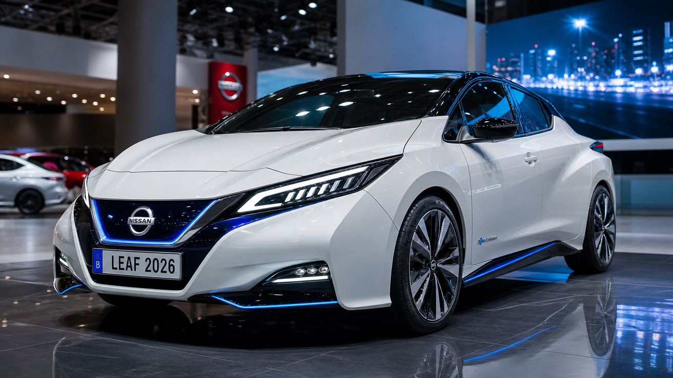 Carro elétrico branco Nissan Leaf 2026 exposto em ambiente interno com iluminação moderna.