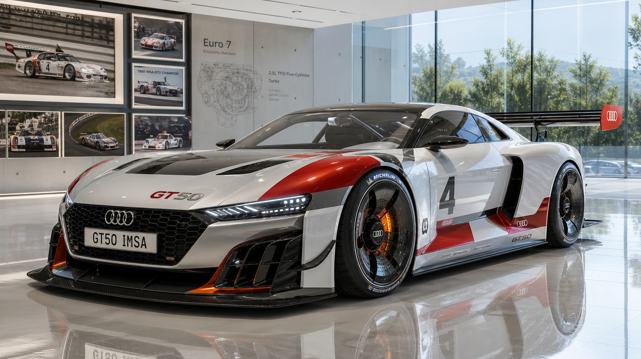 Carro de corrida Audi GT50 IMSA branco e vermelho em exposição interna com logos e pneus Michelin.