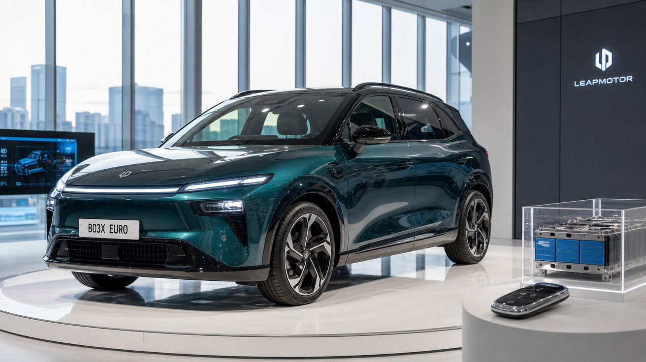 Carro elétrico Leapmotor BO3X Euro verde exibido em showroom moderno com bateria e controle ao lado.