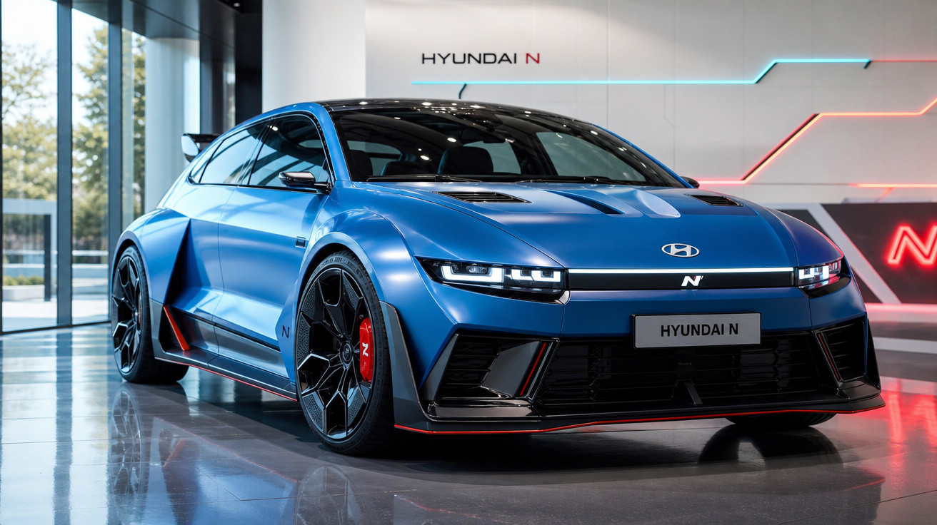 Carro esportivo Hyundai N azul em exposição, com design moderno e rodas pretas em ambiente interno.
