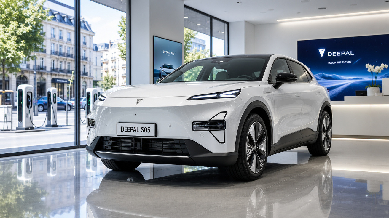 Carro elétrico branco Deepal S05 em showroom moderno com vista para rua e postes de carregamento.