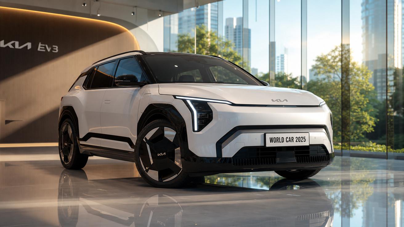 Carro elétrico branco Kia EV3 exposto em showroom moderno com grande painel de vidro ao fundo.