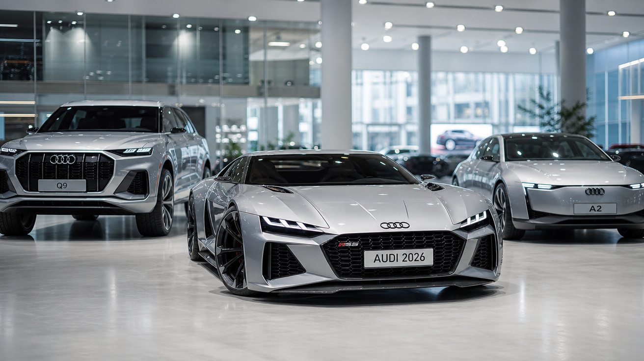 Três carros Audi prateados em showroom moderno, com destaque para esportivo no centro com placa Audi 2026.