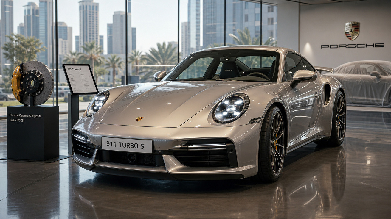 Carro esportivo prata Porsche 911 Turbo S exibido em showroom moderno com prédios ao fundo.