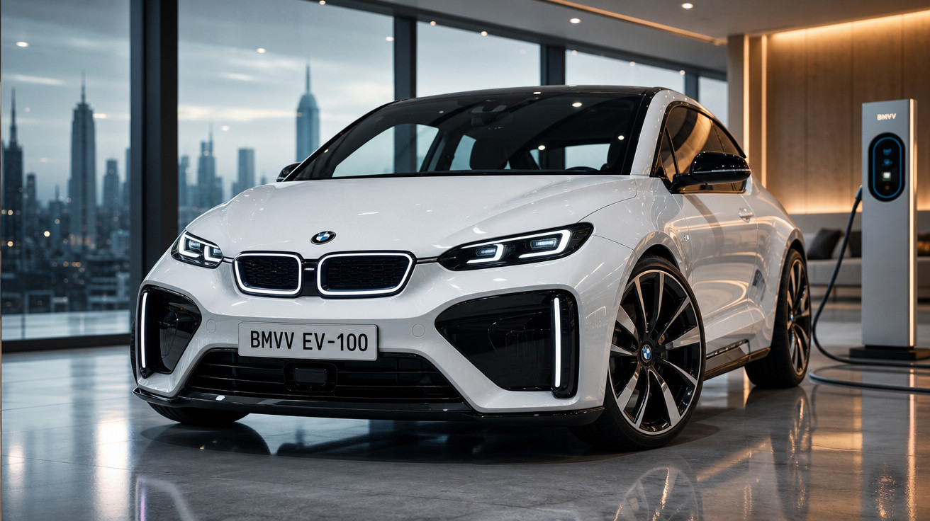 Carro elétrico BMW branco modelo EV-100 estacionado em showroom moderno com vista urbana ao fundo.
