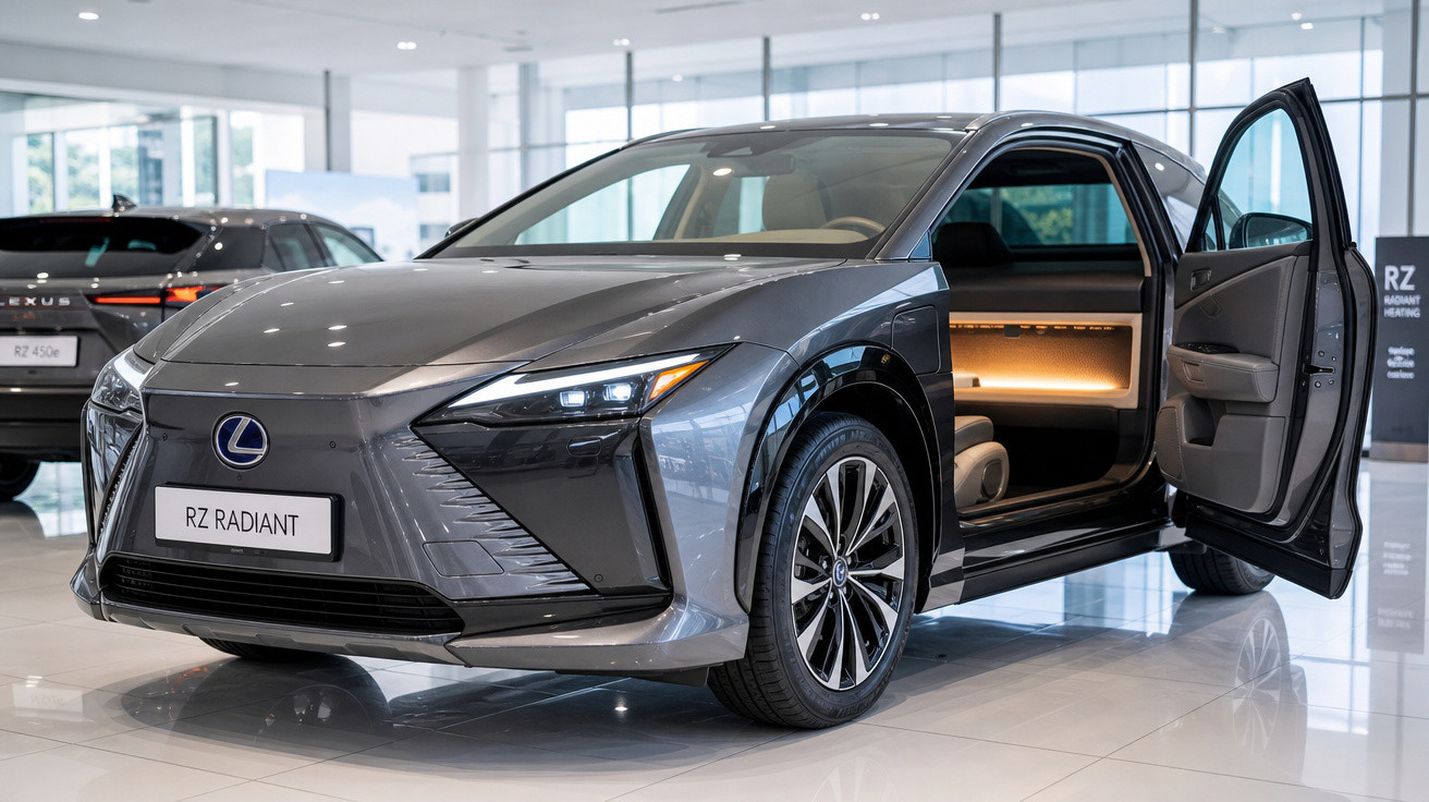 Carro elétrico Lexus RZ Radiant cinza com porta dianteira direita aberta em showroom iluminado.